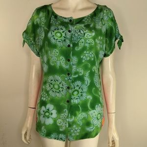 Anthropologie Vanessa Virginia Green Pink Silk Blouse Hawaiian Floral